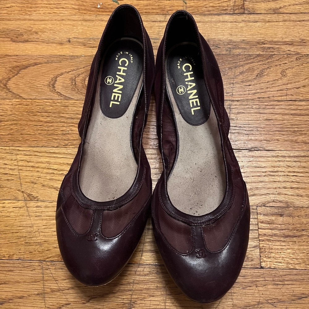 Vintage Chanel Ballet Flats Burgundy with Mesh Detail